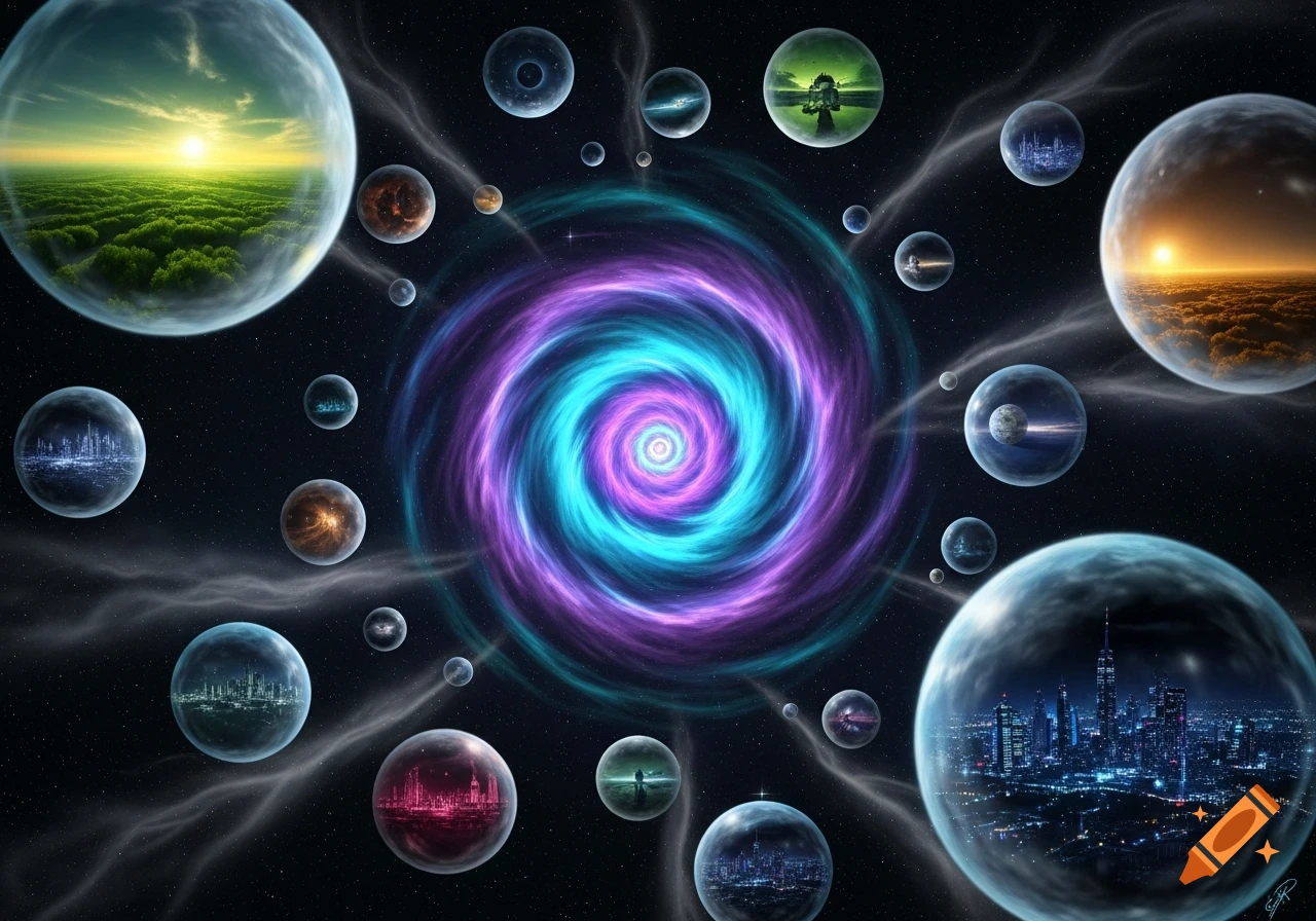A vibrant blue and purple spiral galaxy in space surrounded by numerous transparent spheres, each containing a miniature world or landscape.