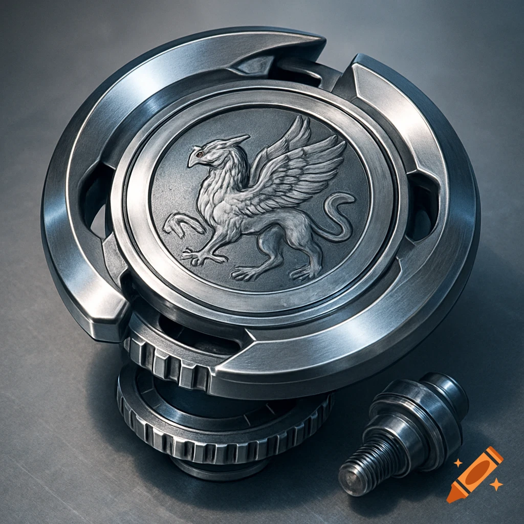 Photorealistic image of a metallic circular stamina top featuring an engraved hippogryph motif, shown in a slightly exploded view with a ratchet ring and screw.