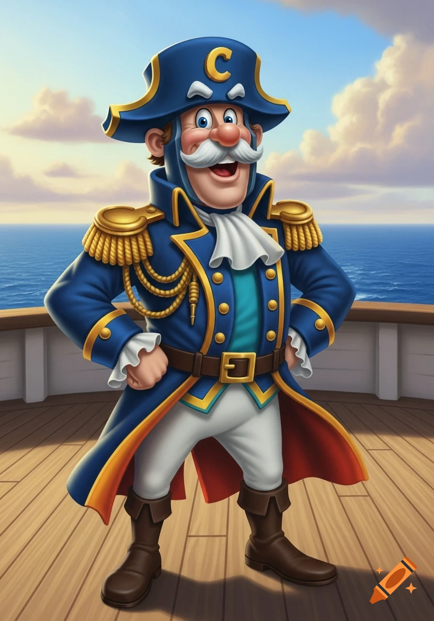 Cap'n Crunch stands on a ship deck with the ocean and sky in the background, smiling in a cartoon style.