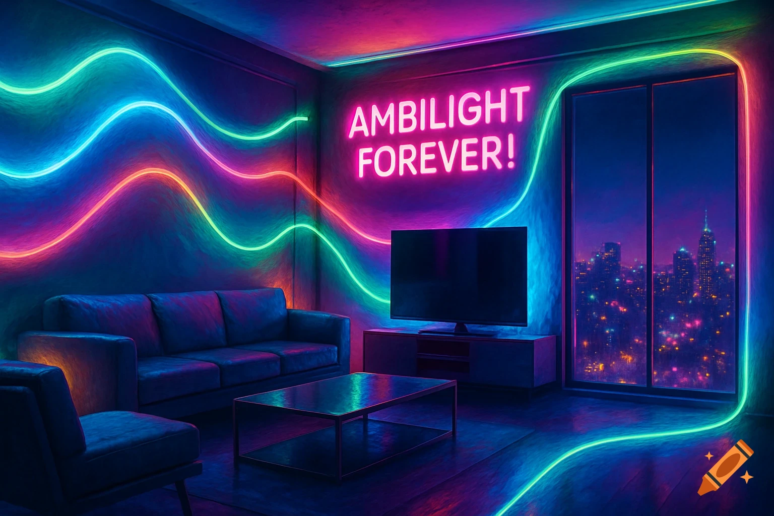 A dark room with vibrant wavy neon LED strips and a pink 'AMBILIGHT FOREVER!' sign, overlooking a city skyline at night.