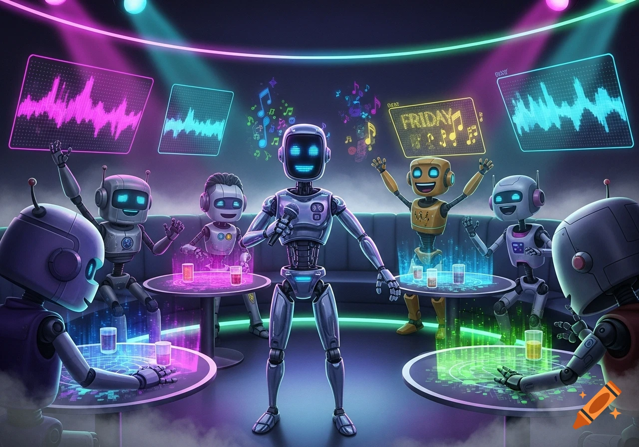Robots sing karaoke and dance in a vibrant, neon-lit futuristic bar with music visualizers and glowing tables.