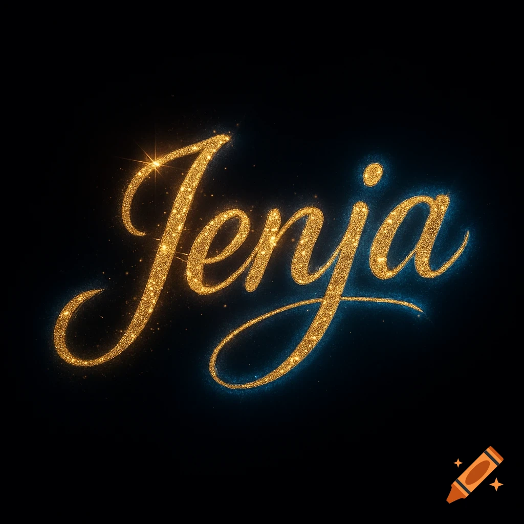 The word "Jenja" rendered in dazzling golden glitter cursive text, outlined by a radiant blue glow on a black background.