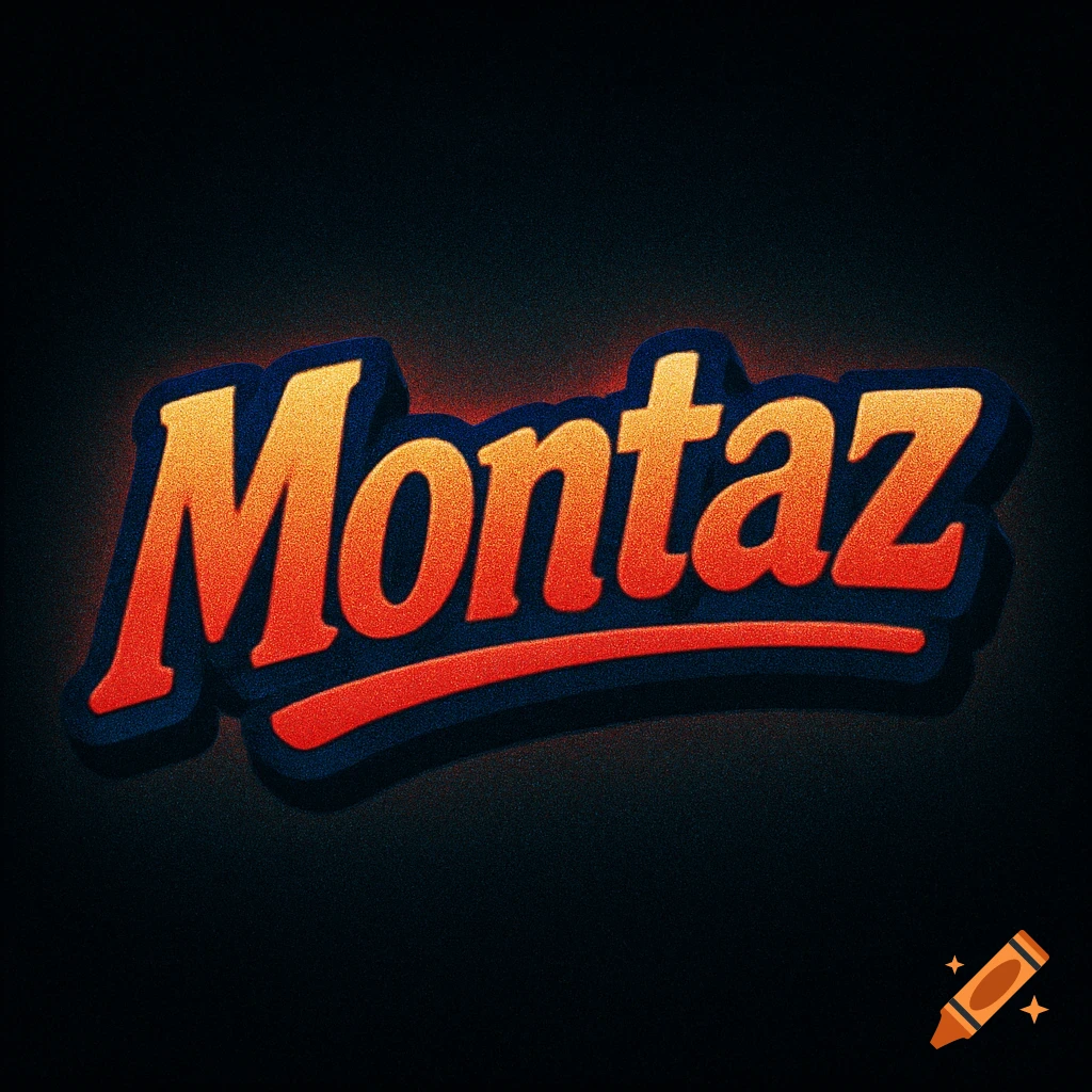 Stylized text "Montaz" in orange and red with a grainy texture and blue outline, against a dark grainy background.