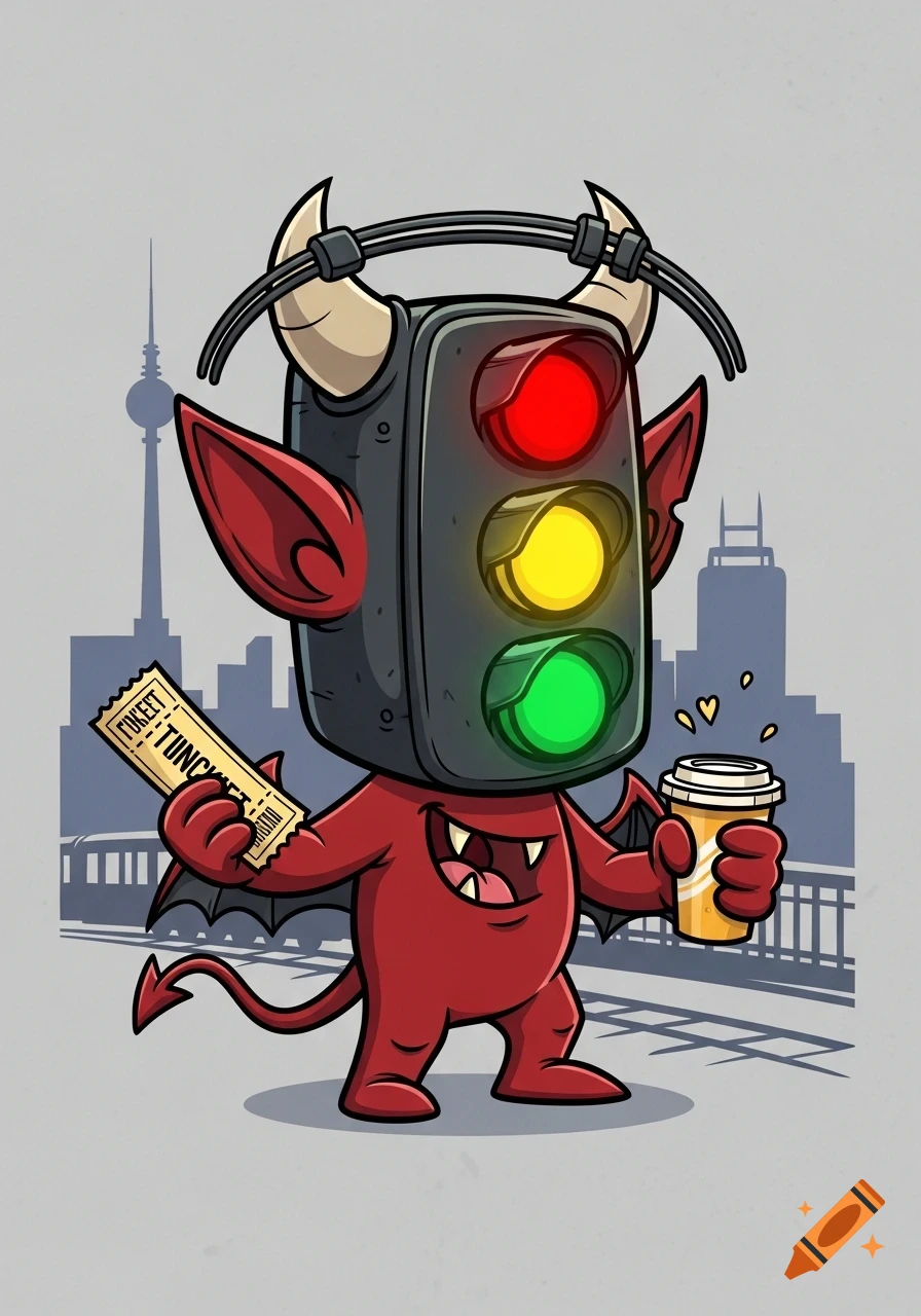 A cartoon red demon with a traffic light for a head holds a garbled concert ticket and a coffee cup, with a city skyline.