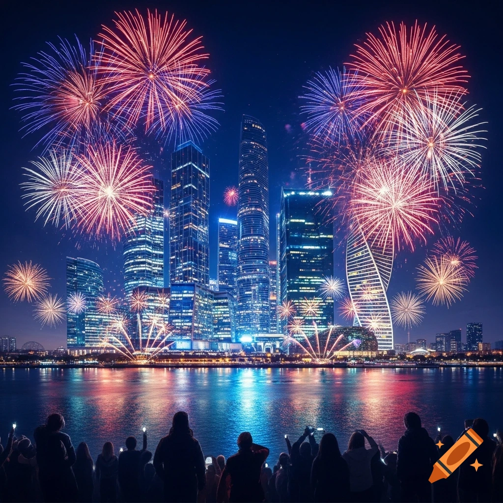 Vibrant fireworks explode over a modern city skyline at night ...