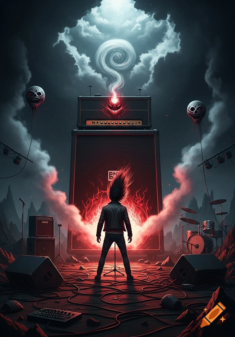 A person with wild hair stands before a giant guitar amplifier, emanating a demonic fiery face and smoke, with skull balloons floating under a cloudy sky in a dark, rocky landscape.