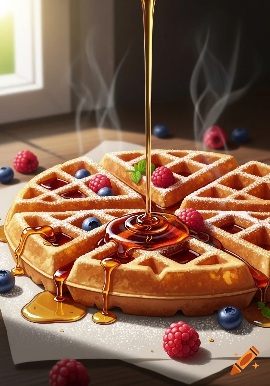 Golden waffles covered in powdered sugar, fresh blueberries, and raspberries, with warm syrup pouring over them.