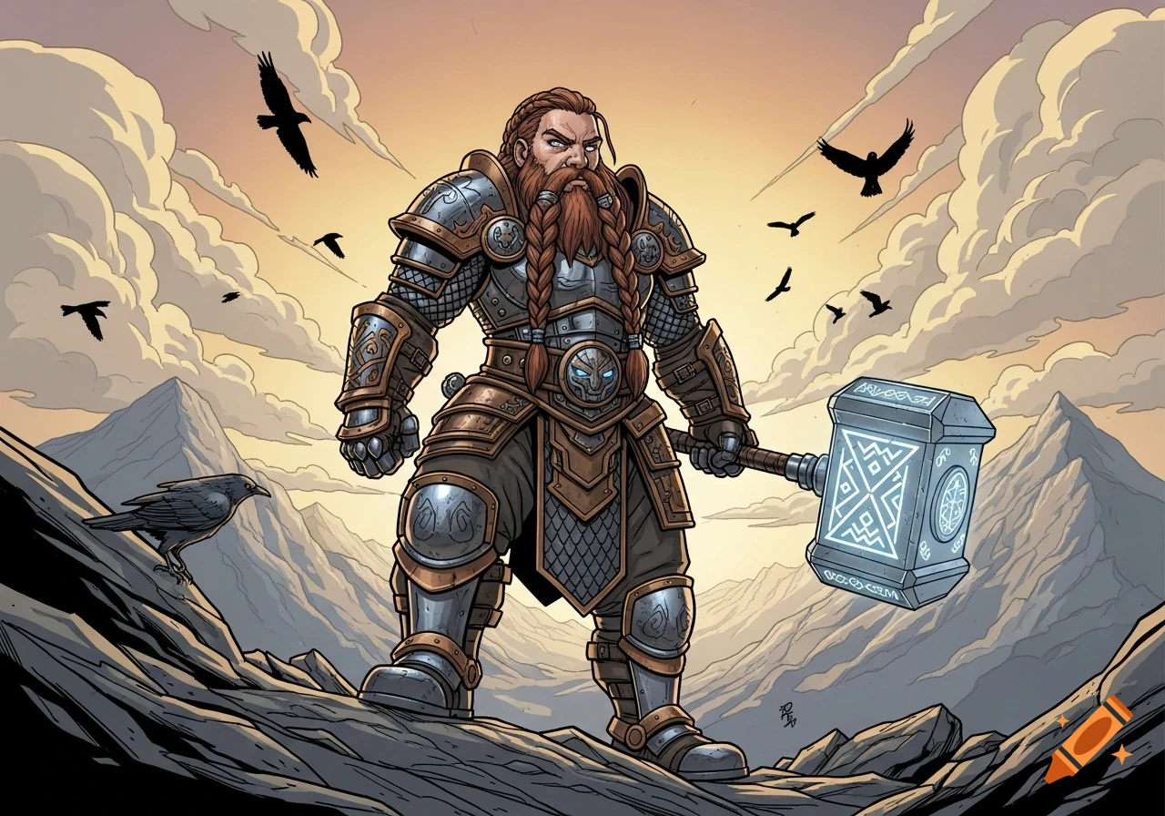 A comic-style illustration of a dwarf warrior in detailed armor, holding a glowing hammer on a rocky mountain peak. Birds fly in a cloudy, epic sky.