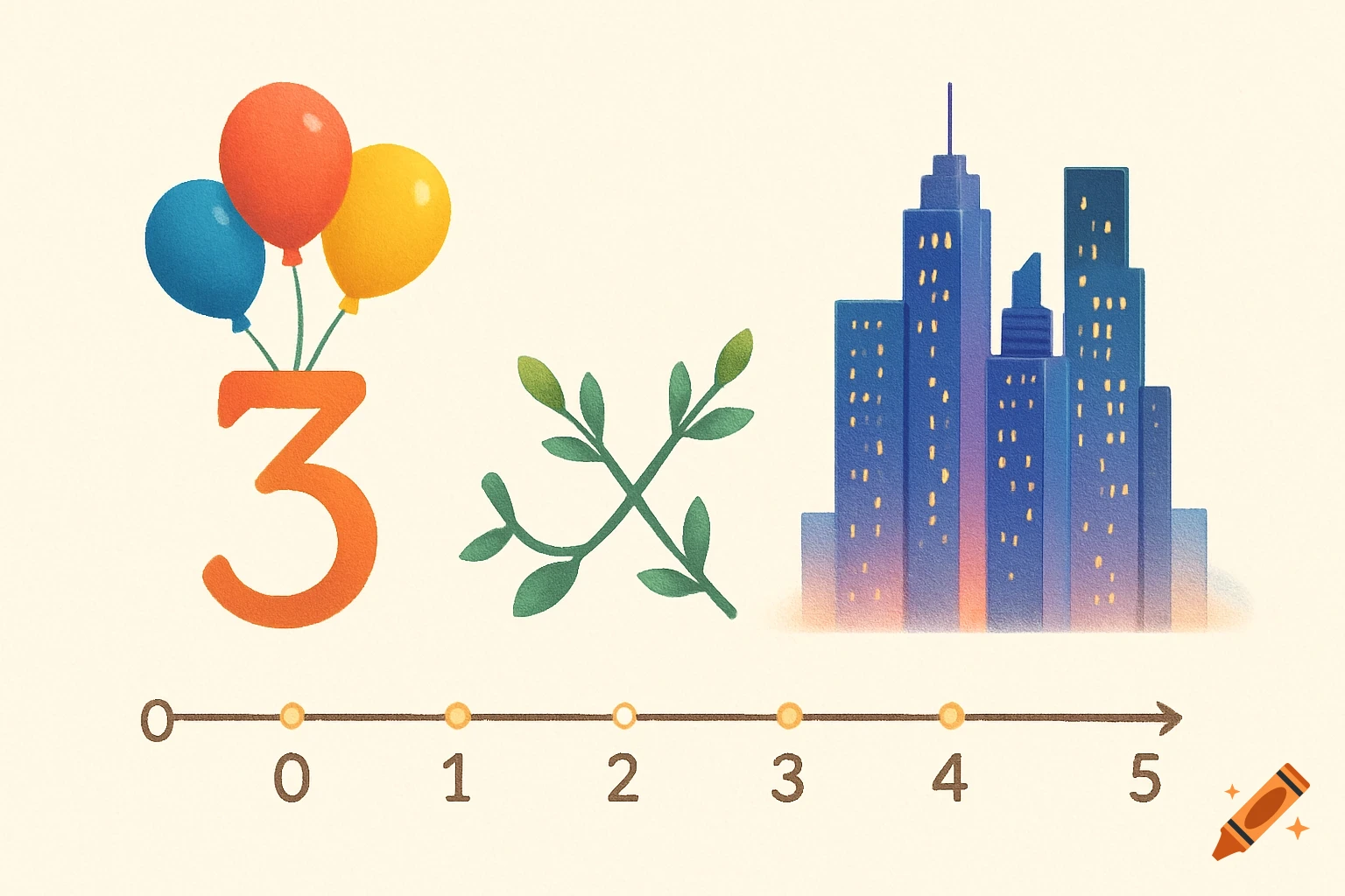 An illustration with a large orange number 3 with blue, red, and yellow balloons. To its right are green leaves, blue city buildings, and a number line from 0 to 5 below.