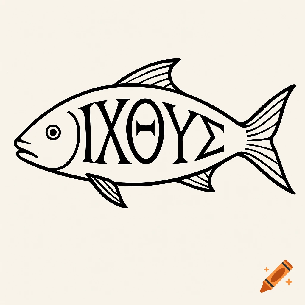A black and white line drawing of a fish with the Greek letters 'ΙΧΘΥΣ' on its body.