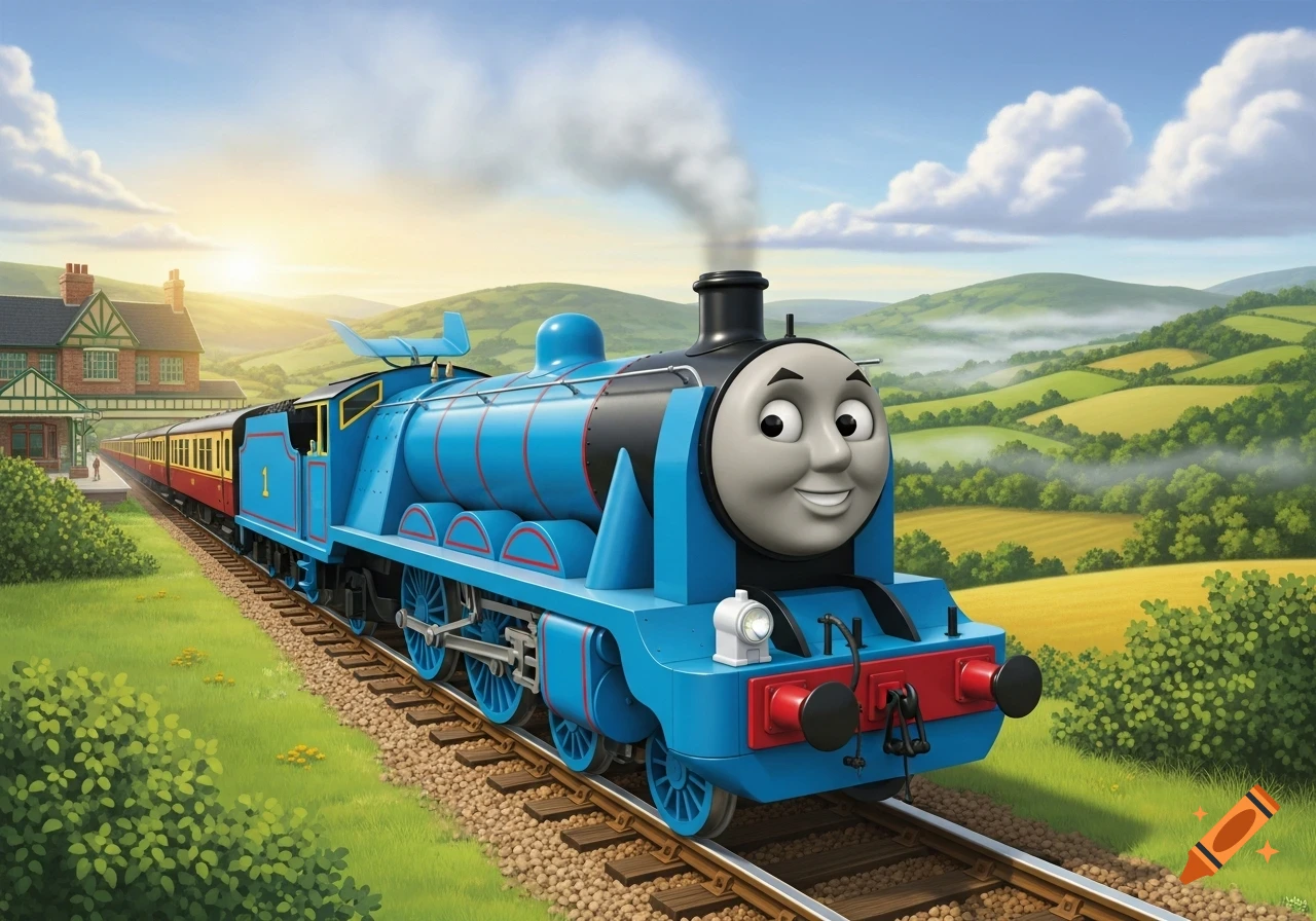 A cartoon blue train with a smiling face, resembling Edward from Thomas & Friends but numbered '1', steams along tracks past a station in a lush green countryside at sunset.