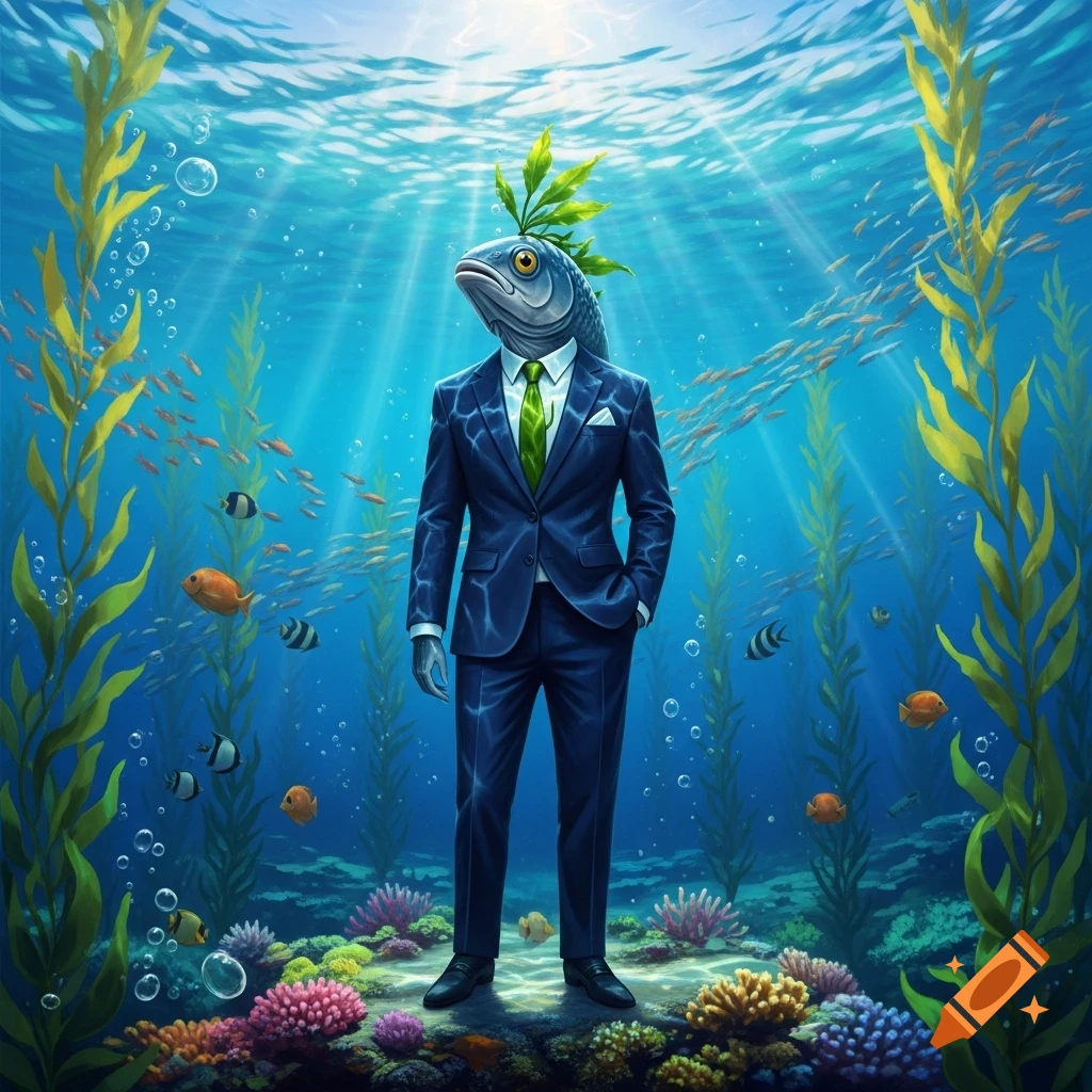 A fish with a green plant on its head, wearing a blue suit and green tie, stands on the vibrant coral ocean floor amidst seaweed, schools of fish, and sun rays.