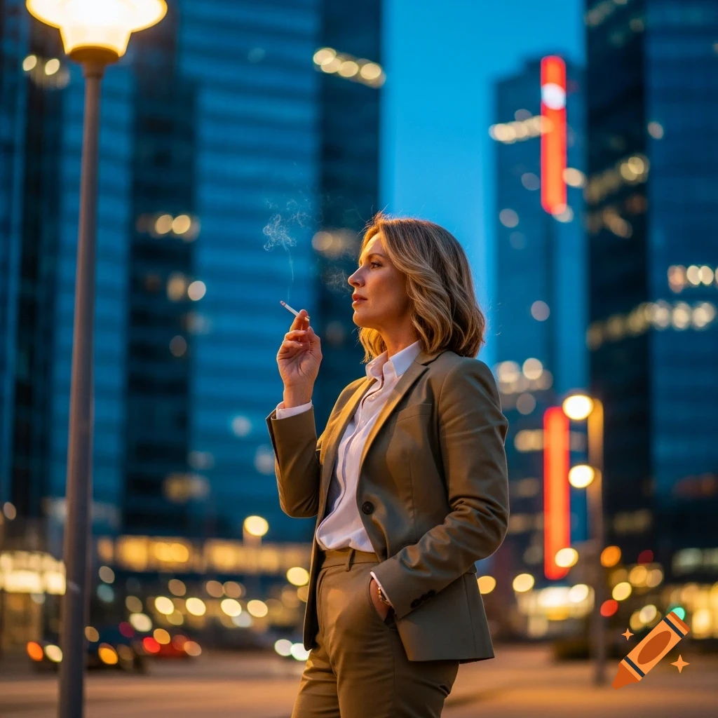 A woman in a suit smokes a cigarette on a city street at night, with blurred skyscrapers and streetlights in the background.