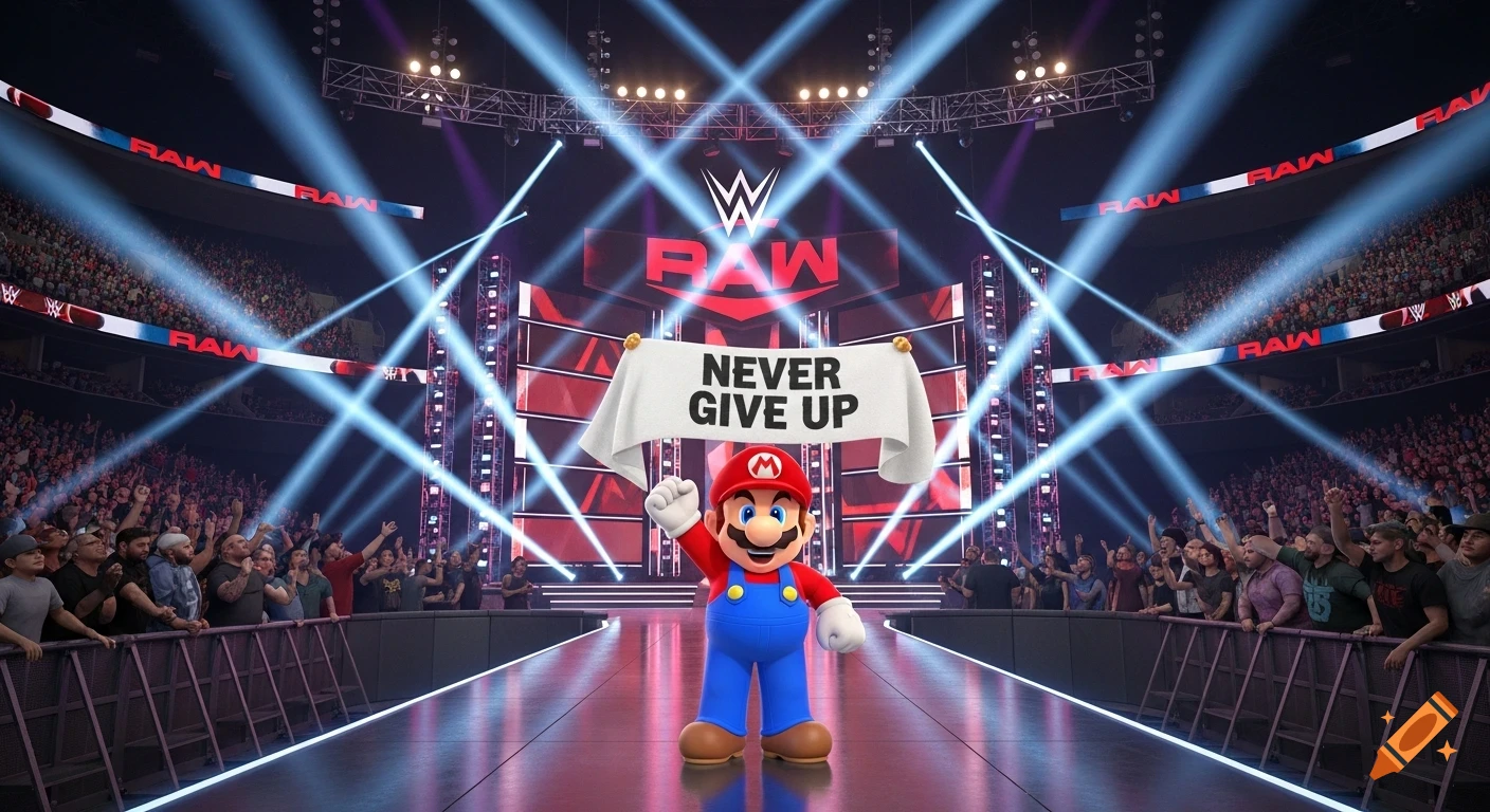 Super Mario stands on a WWE Raw entrance stage, holding a banner that says 'NEVER GIVE UP', with a cheering crowd and bright lights.