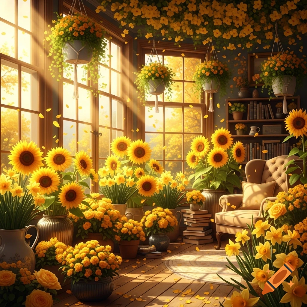 A sun-drenched room overflowing with vibrant yellow sunflowers, daffodils, and other blossoms, with sunlight streaming through large windows.