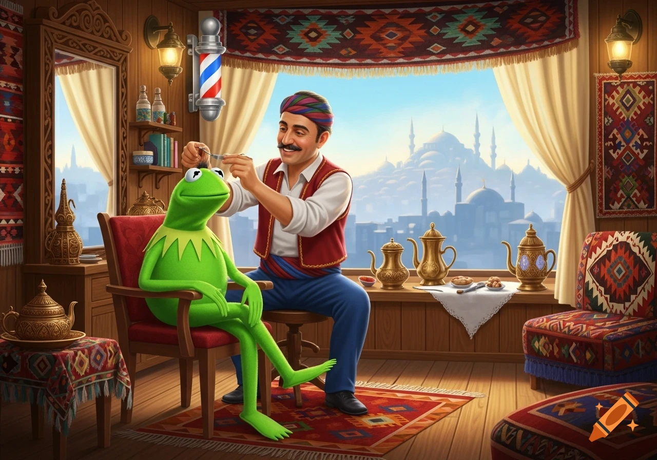 Kermit the Frog gets a hair transplant from a barber in a traditional Turkish barbershop overlooking Istanbul.