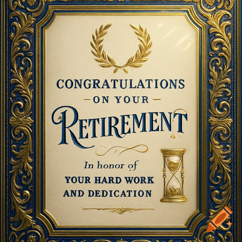 An elegant retirement certificate with gold and blue ornate borders, featuring a golden laurel wreath, the words 'CONGRATULATIONS ON YOUR RETIREMENT', and an hourglass.