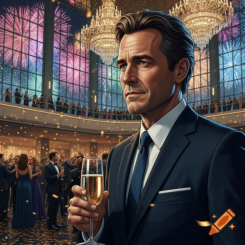A man in a dark suit holds a champagne glass at a formal party with confetti and fireworks visible through large windows.