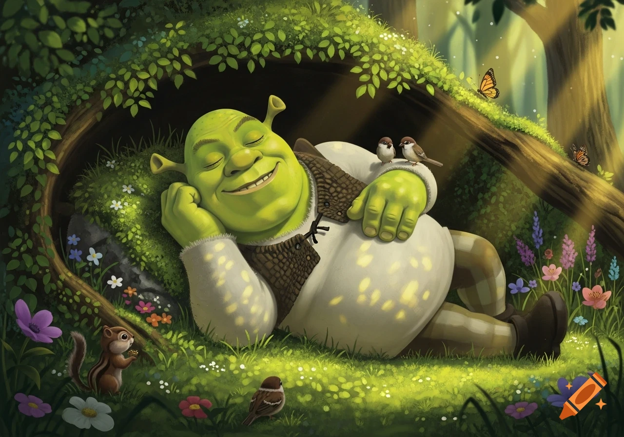 Cartoon Shrek naps blissfully in a sunny forest clearing, surrounded by flowers, a chipmunk, and sparrows.
