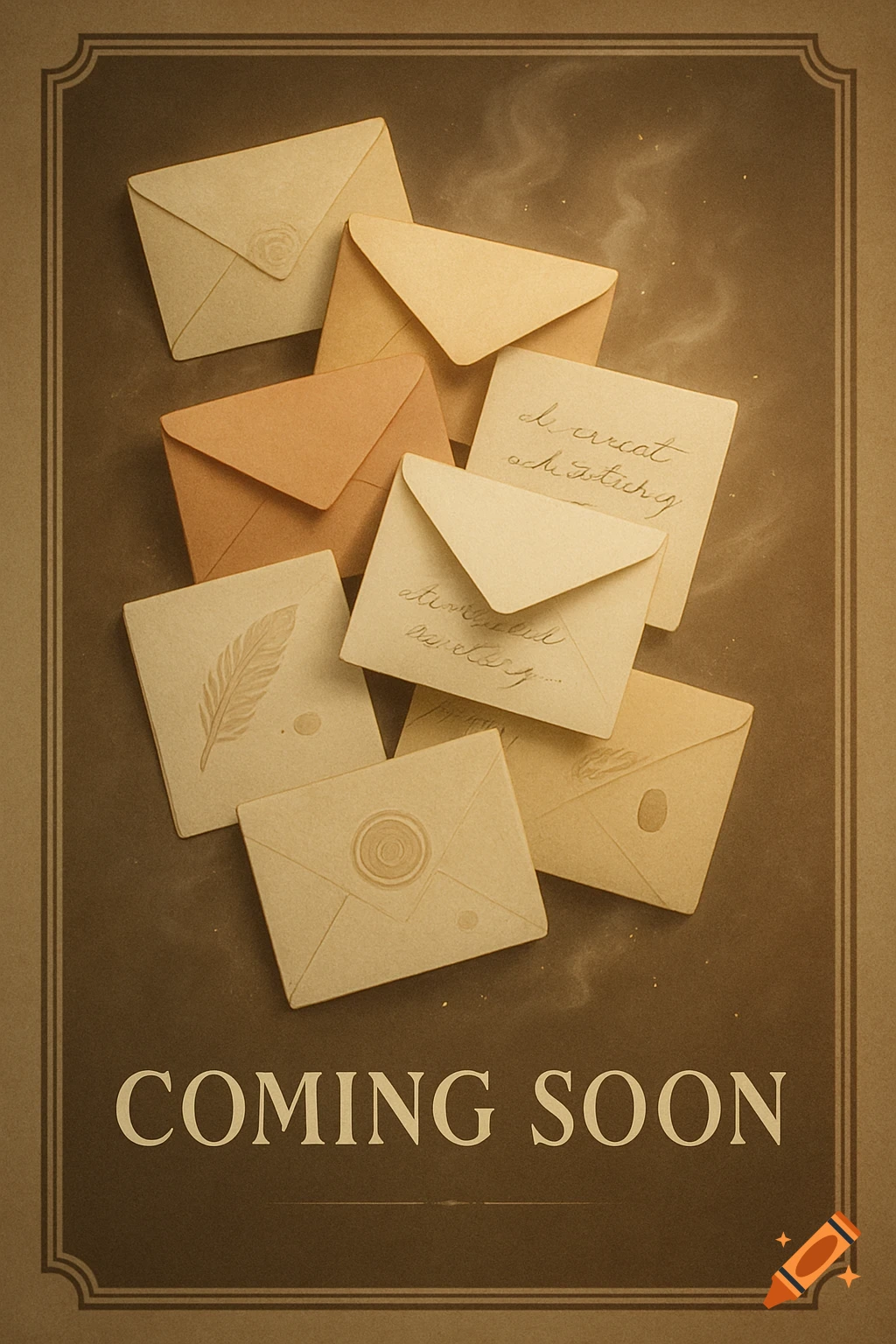 Sepia-toned vintage poster with a pile of various envelopes and papers in the center, some with wax seals and illegible handwritten script. The text "COMING SOON" is prominently displayed at the bottom, framed by a decorative border.