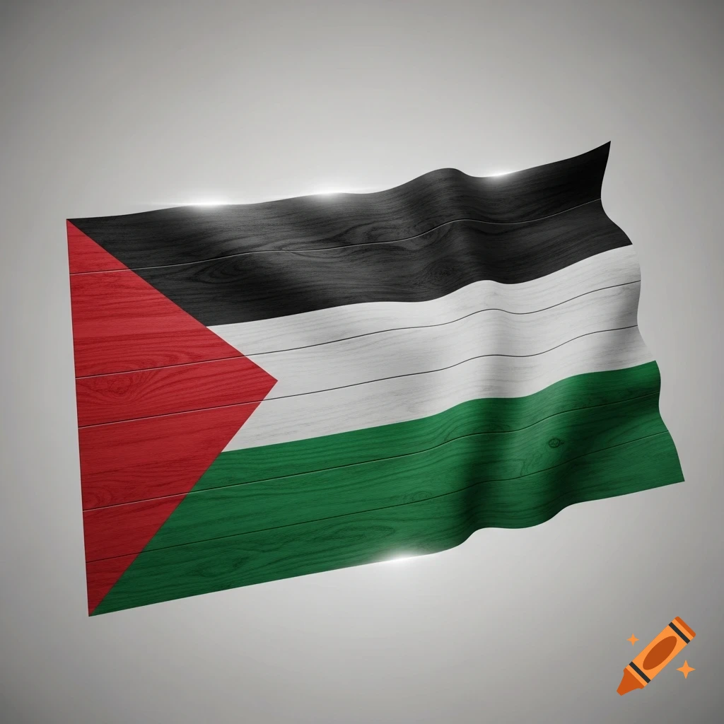 Waving Palestinian flag with a textured wood grain effect against a light grey background.