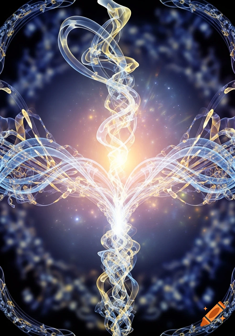 Abstract glowing blue and yellow smoke-like tendrils swirl around a bright central light on a dark, star-filled background.