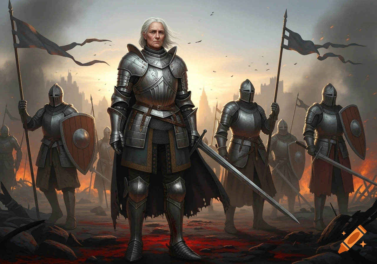 An elderly female knight in full armor stands with a sword on a blood-stained battlefield, flanked by other armored knights at sunset.