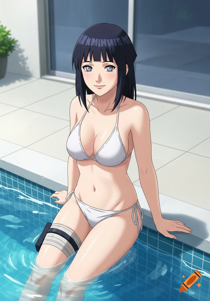 Anime-realistic illustration of Hinata Hyuga in a white bikini, sitting by a modern swimming pool in soft daylight.