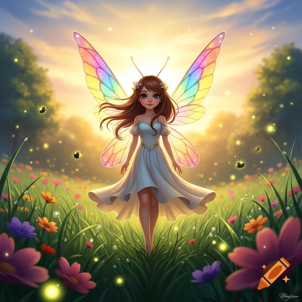 A brown-haired fairy with rainbow butterfly wings and a white dress stands in a magical, glowing meadow at sunset in a digital art style.