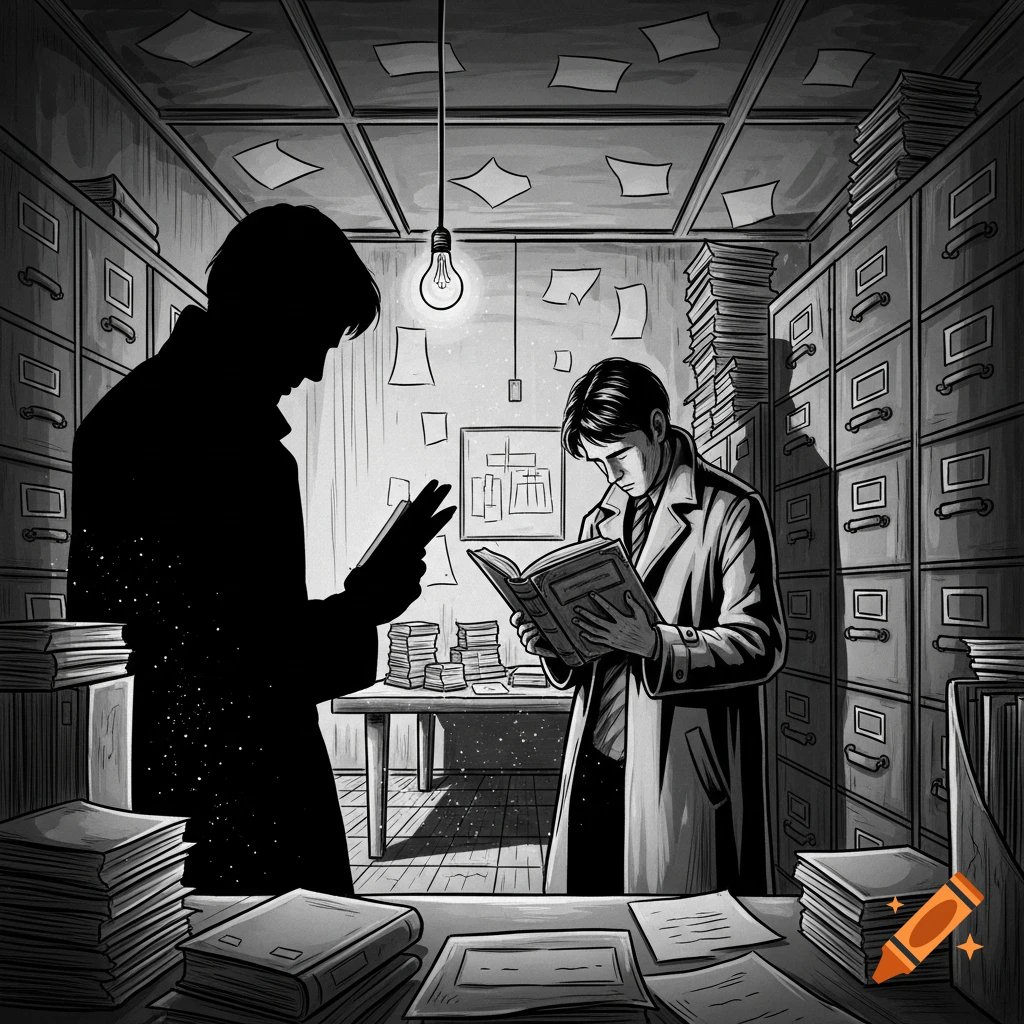 Black and white sketch of two men in a cluttered archive, one reading a book while the other stands in silhouette.