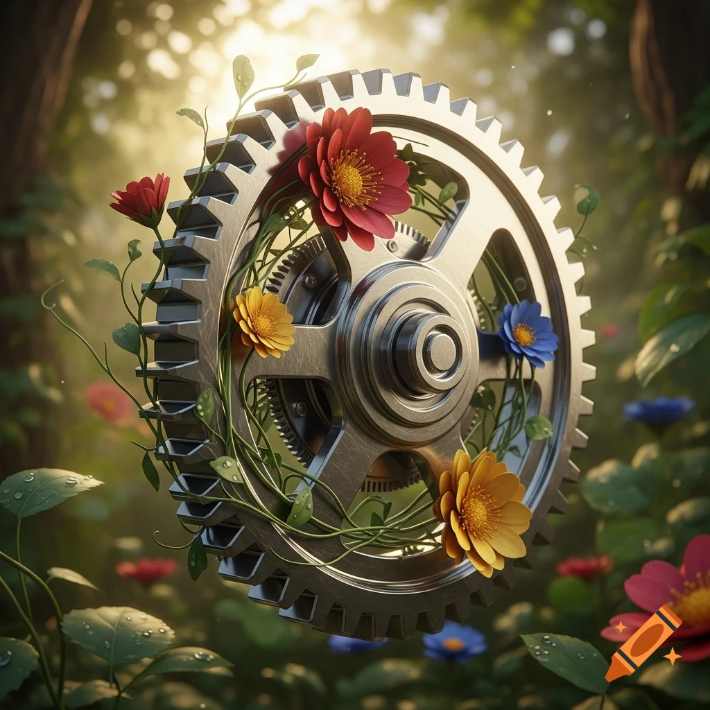 A large metal gear adorned with red, yellow, and blue flowers and green vines floats in a sun-dappled forest, photorealistic style.