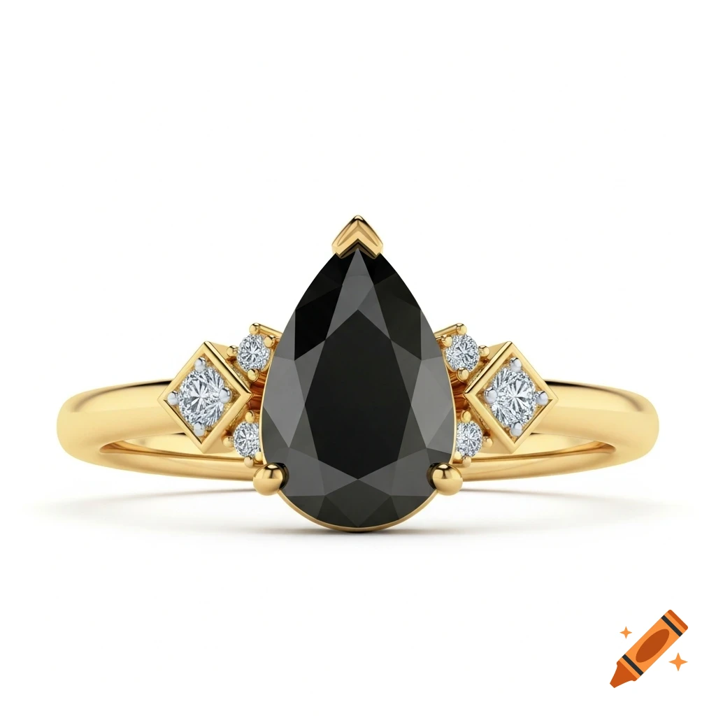 A close-up of a gold ring with a pear-shaped black diamond center stone and small white diamonds.