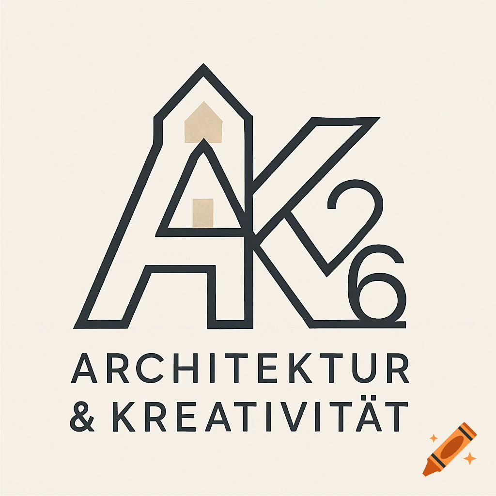 Minimalist logo for 'Architektur & Kreativität' featuring a stylized 'AK26' incorporating a house shape, with the full name below in black on a light background.