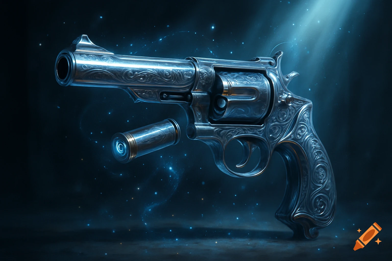 A stylized, intricately engraved silver revolver with blue glowing accents, and a glowing shell floating nearby, against a dark, starry background.