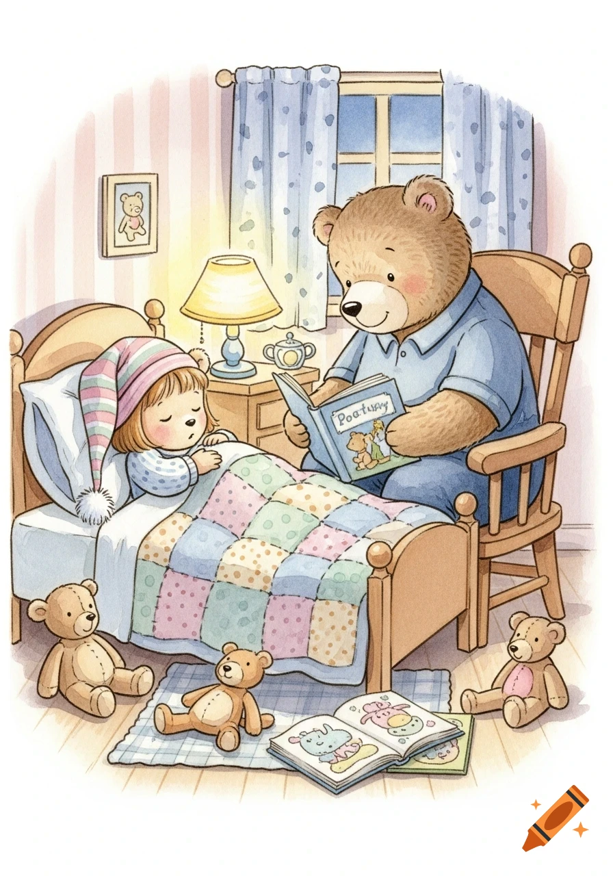 A watercolor-style illustration of a father bear reading a bedtime story to his little bear cub in bed, with teddy bears on the floor.