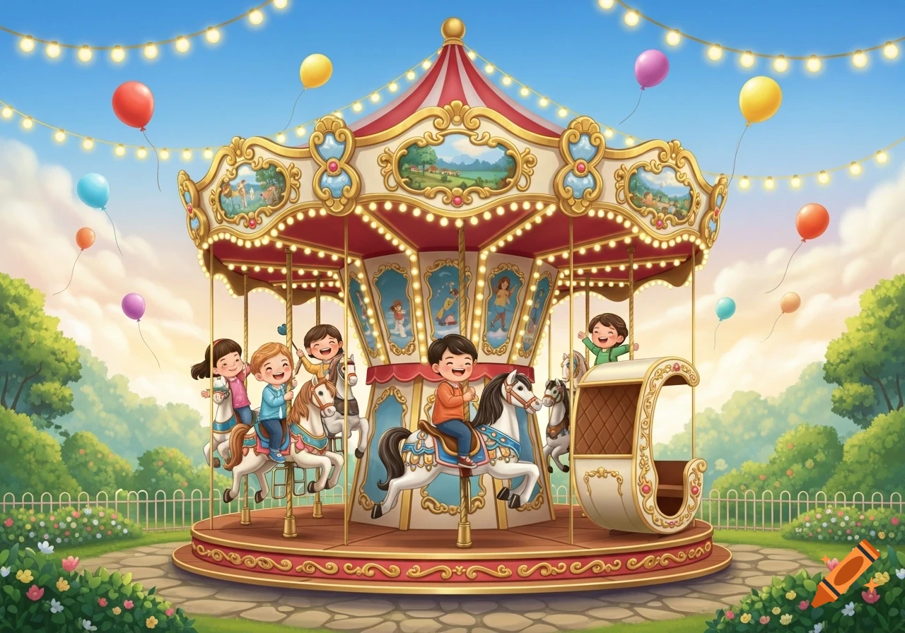 Colorful cartoon illustration of happy children riding a carousel in a vibrant park setting with balloons and string lights.