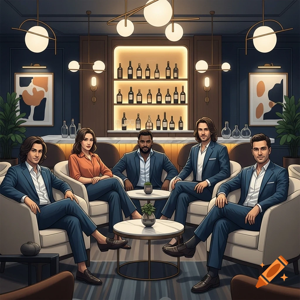 Five diverse people in business casual attire sit in armchairs in a modern lounge bar with a lit liquor cabinet.