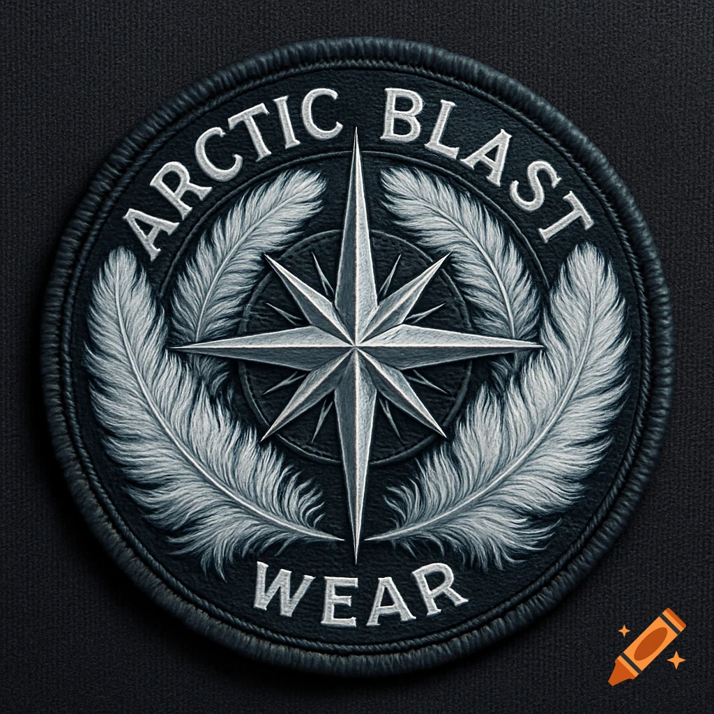 A round embroidered patch featuring a compass star, feathers, and the text 'ARCTIC BLAST WEAR' in black and white.