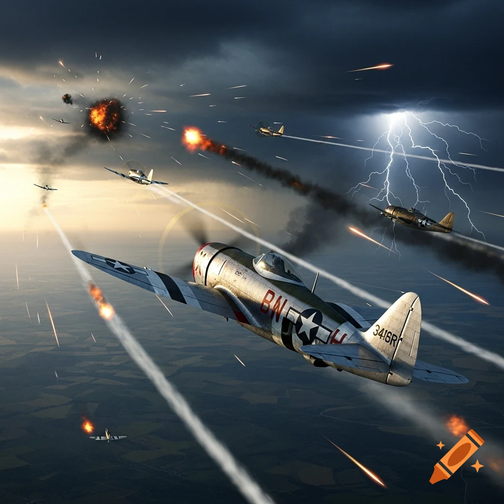 World War II fighter planes engage in a fierce dogfight amidst explosions, gunfire, and lightning in a stormy sky.