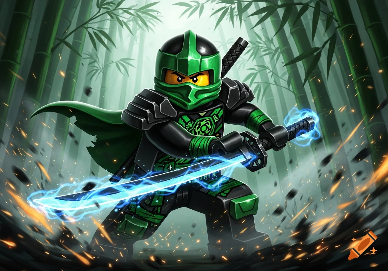 A green and black Lego Ninjago ninja, Lloyd, stands in a bamboo forest holding a glowing blue katana amidst flying sparks.
