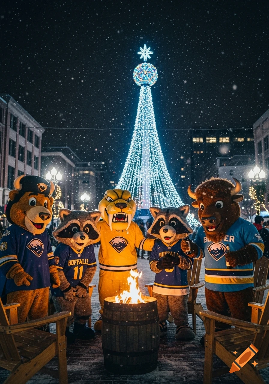 Five animal mascots in sports jerseys stand around a barrel fire in a snowy city street at night, with a large illuminated Christmas tree in the background.