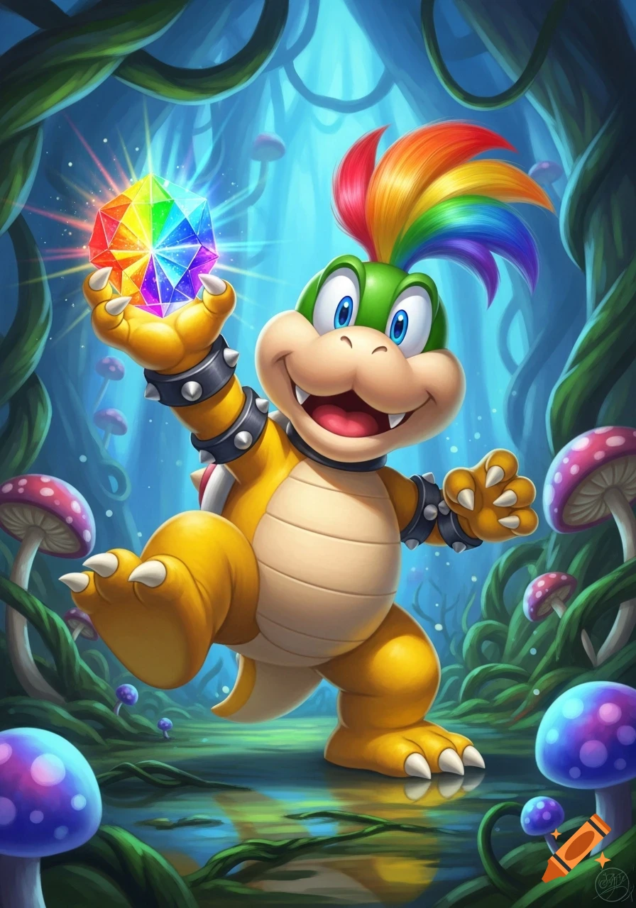 Iggy Koopa, with rainbow hair and spiked cuffs, holds a glowing rainbow crystal in a magical forest filled with colorful mushrooms.