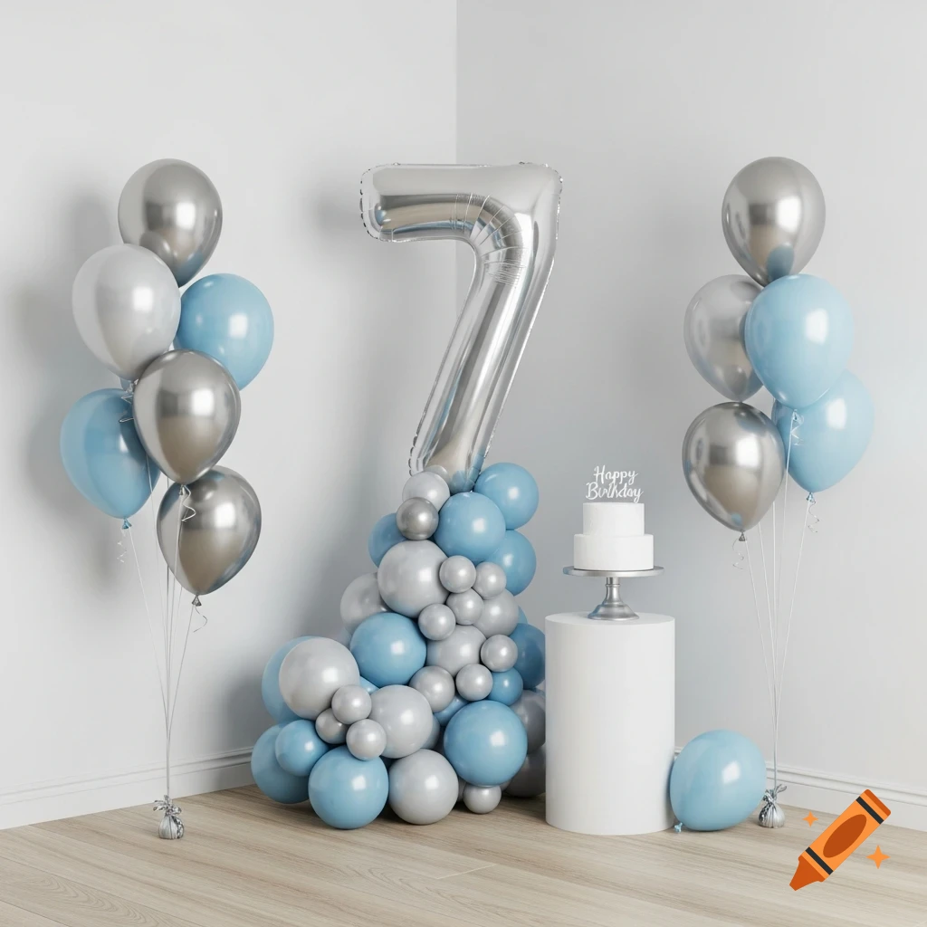 A minimalist 7th birthday setup with silver and blue balloons, a large silver number 7 balloon, and a white cake with a 'Happy Birthday' topper, all in a white corner.