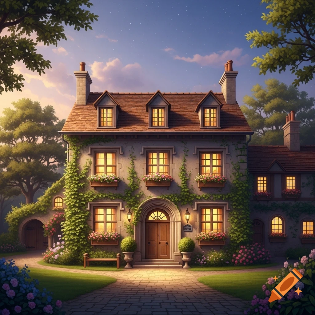 A charming, ivy-covered house with glowing windows and a cobblestone path, surrounded by a lush garden at dusk.