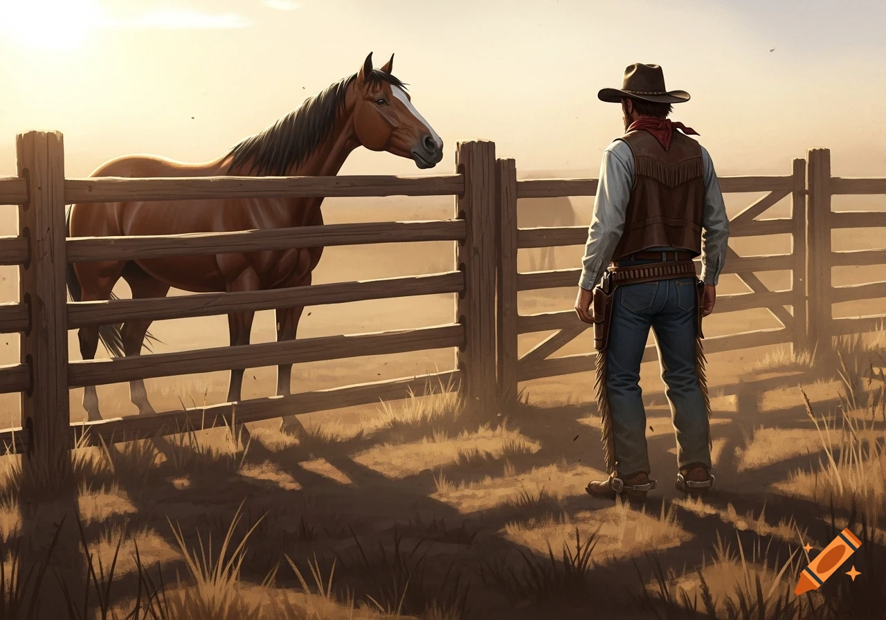 A cowboy stands with his back to the viewer, looking at a brown horse across a wooden fence in a dusty field at sunset.