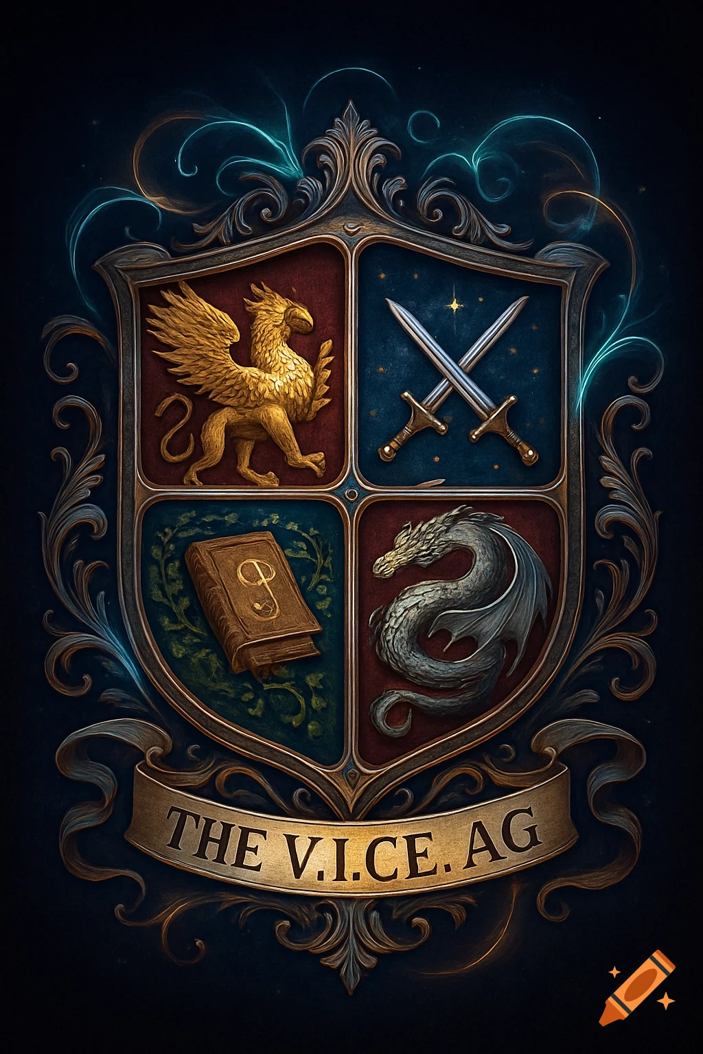 A fantasy coat of arms with a golden griffin, crossed swords, an ornate book, a silver dragon, and a banner reading 'THE V.I.C.E. AG'.