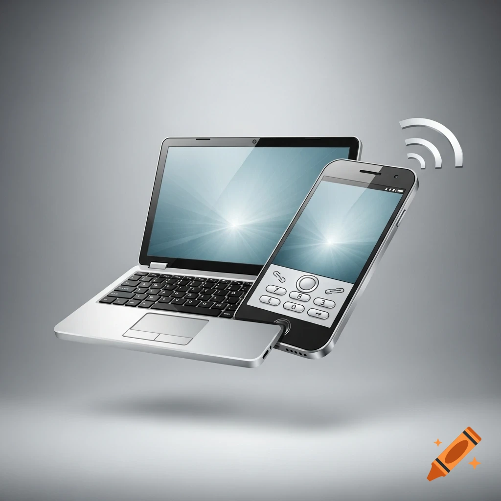 A silver laptop and a mobile phone floating together with a Wi-Fi signal icon on a grey background.