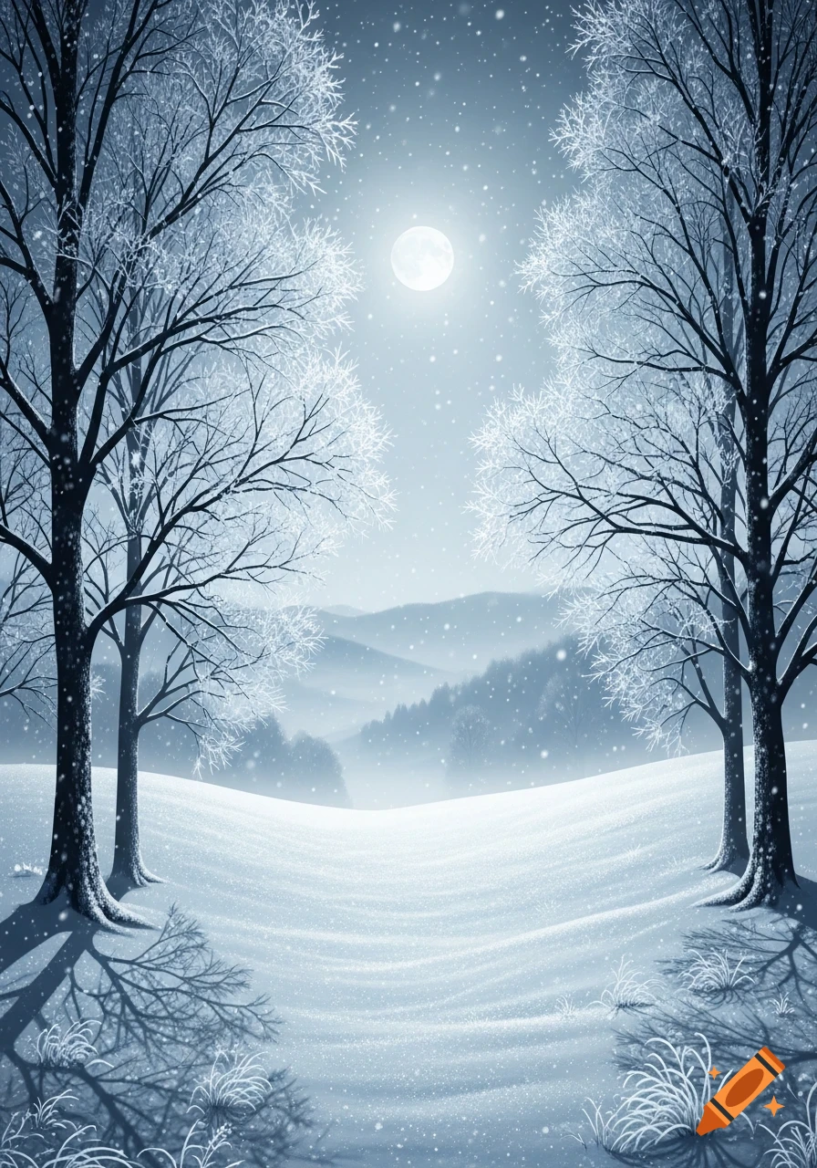Serene winter night landscape with snow-covered trees, hills, and a bright full moon. Snow falls gently.