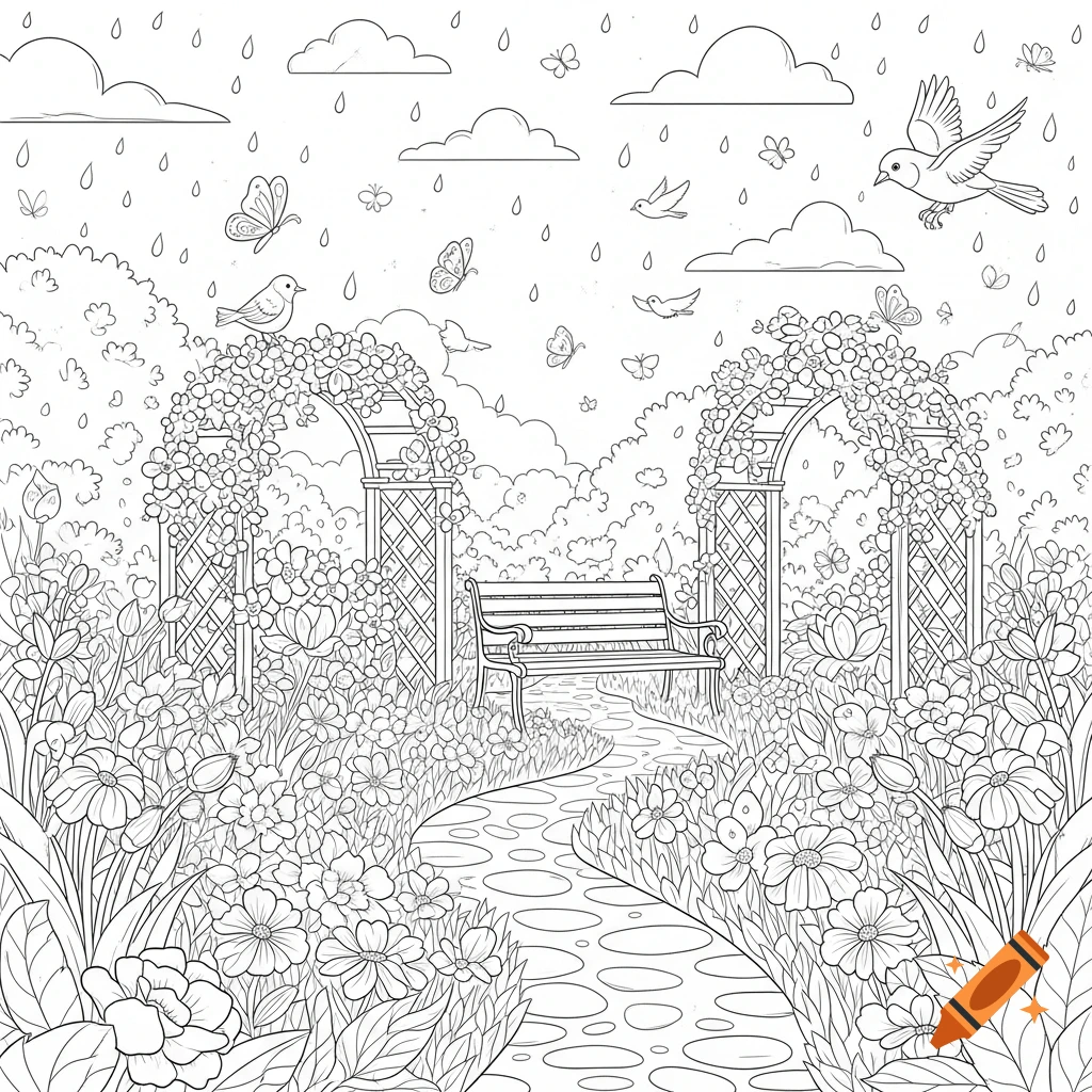 A detailed black and white coloring page of a garden path leading to a bench between two floral arbors, with birds, butterflies, clouds, and raindrops.
