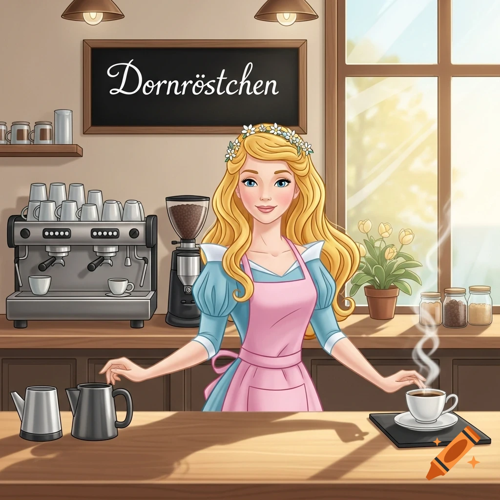 A cartoon blonde princess, resembling Sleeping Beauty, wearing a pink apron as a barista in a cozy coffee shop, with a steaming cup of coffee.